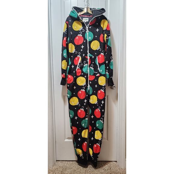 NWT Tipsy Elves Black Colorful Christmas Ornaments Fleece Jumpsuit Hoodie Mens L - Picture 2 of 8